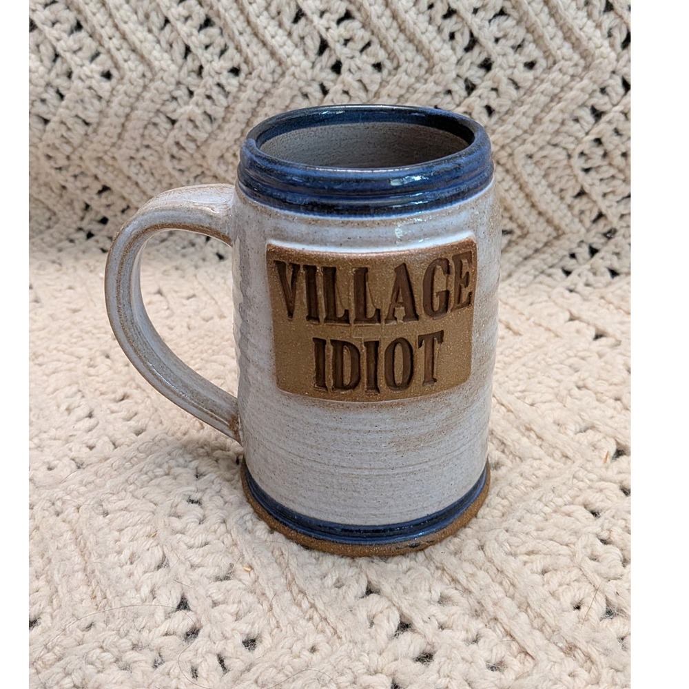 Village Idiot Studio Pottery Mug Handcrafted Stoneware Blue Salt Glaze Stein